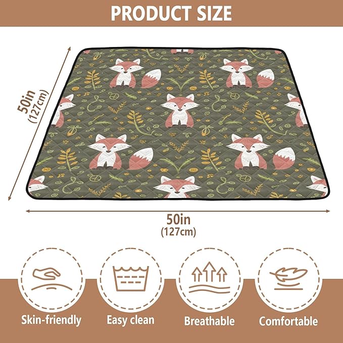 Animal Foxes Leave Green Baby Playmat Washable Playroom Crawling Mat Non-Slip Play Mats for Floor 50x50 Playpen Mat