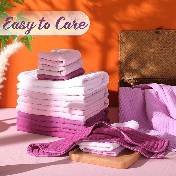 VitalCozy 12 Pcs Baby Muslin Hooded Bath Towels and Washcloths, Muslin Hooded Baby Towels Absorbent Blankets for Gift Newborn Infant Shower (Purple Series)