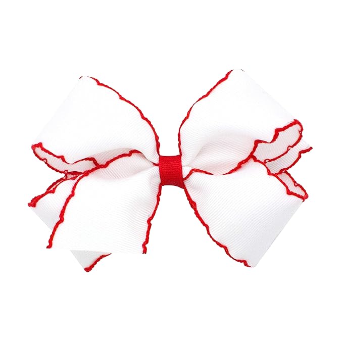 Wee Ones Baby Girls' Medium Classic Grosgrain Moonstitch Hair Bow on a WeeStay Clip - White w/Red Stitching,One Size