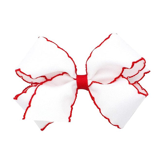 Wee Ones Baby Girls' Medium Classic Grosgrain Moonstitch Hair Bow on a WeeStay Clip - White w/Red Stitching,One Size