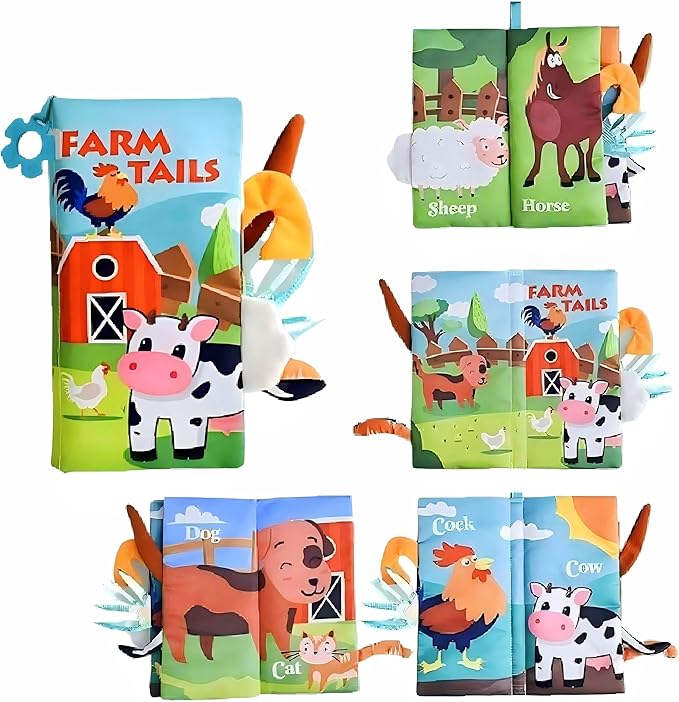 Baby Cloth Book Toys with Tails, Stroller Soft Toys for Infant Baby 0-18 Months (Farm Animals)