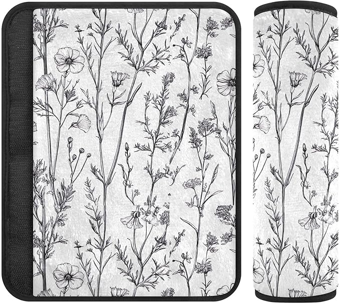 CHIFIGNO Black White Wildflowers Herbs Seat Belt Cover Cute Seatbelt Covers Pack of 2 Car Seat Shoulder Pads for Adults Women Kids