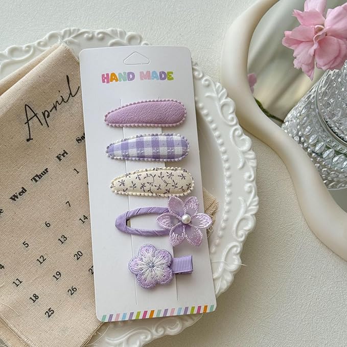 Safe Baby Hair Clips for Girls Toddler, 5Pcs Pastel Purple & Lavender Set with Hand-Embroidered Flowers & Pearl – 4 Snap Clips + 1 Fully Wrapped Alligator Clip, Non-Slip Barrettes for Newborn Infants