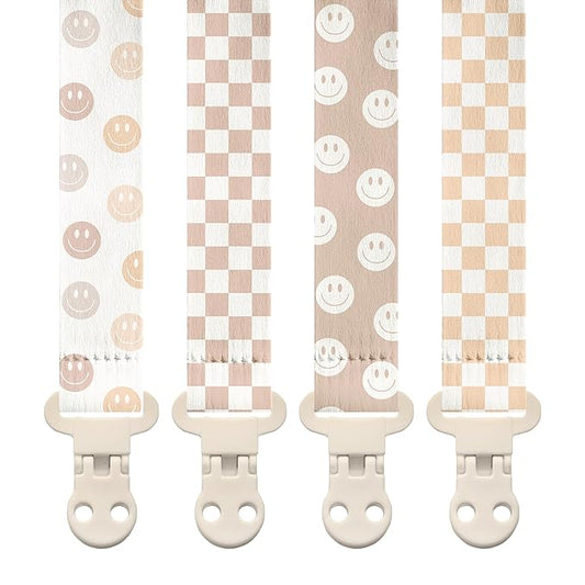 Stadela Baby Pacifier Clip Holder - Girl or Boy Unisex 4 Pack Gift Set - Retro Checker and Smiley Faces Design