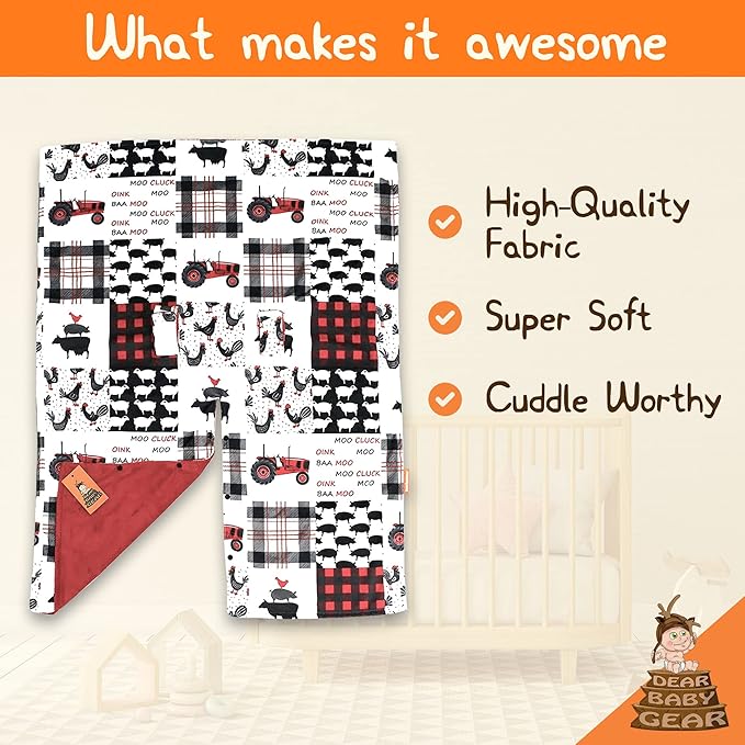 Dear Baby Gear Car Seat Cover for Boys & Girls - Baby Carseat Canopy w/Snap Opening - Infant Seat Cover - Stroller & Nursing Covers - Newborn Carrier Canopy - 40x30" (Farm Faux Quilt - Red Smooth)