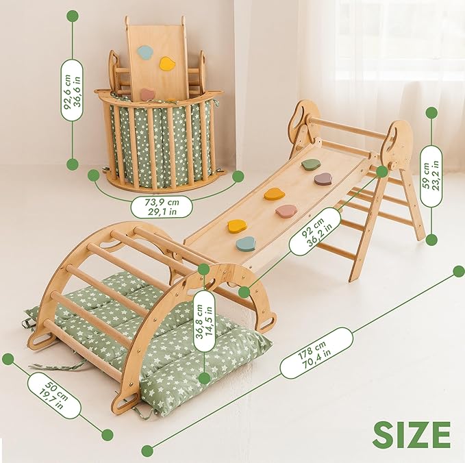 Goodevas 5-in-1 Toddler Climbing Toys Indoor Set - Pikler Triangle, Climbing Arch, Balance Cushion, Montessori Climbing Gym for Toddlers 1-3, Foldable Wooden Baby Activity Center, Jungle Gym for Kids