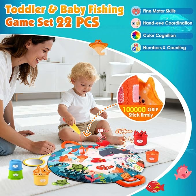 FREYBLI Montessori Toys for 1 Year Old - Cloth Toddler Fishing Game with Stacking Cups, Fishing Toy for One Year Old Boy Girl First Birthday Gifts, Sorting Learning Baby Toy 1-3 Easter Basket Stuffers