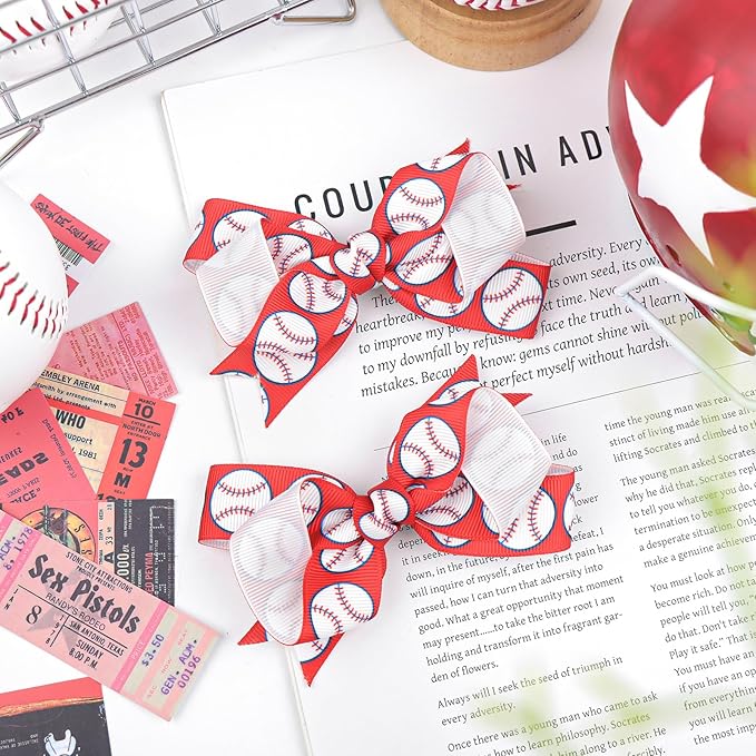 YanJie 2pcs 4'' Baseball Red Bow for Baby Girl Hair Clips Softball Grosgrain Ribbon Hair Accessories Alligator Clips for Toddler Teen Girls