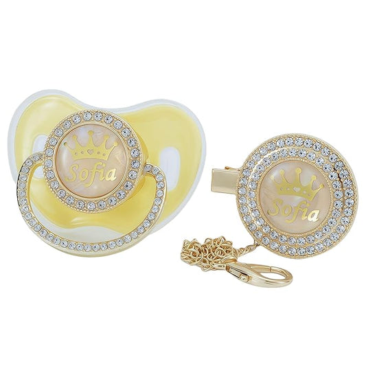Sparkling Bling Custom Baby Pacifiers and Clips/Holder Kit with Name Personalized with Rhinestones for Boy and Girl Baby Shower (Light Yellow)