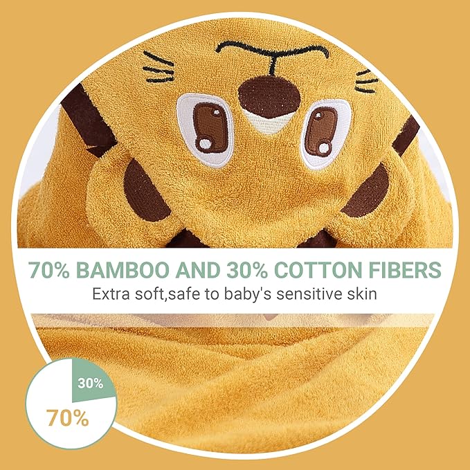 MICHLEY Bamboo Viscose Baby Hooded Bath Towel for Boys and Girls, 29.5 x 29.5 Inch Ultra-Soft and Quick-Drying Infant Bathrobe (Lion)