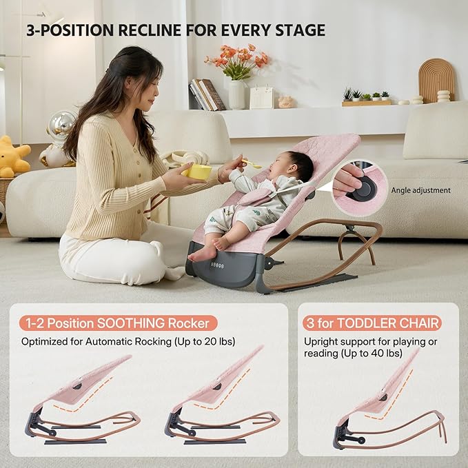 VaVaSoo Electric Baby Rocker - Infants to Toddlers Chair (Up to 40 lbs) Battery-Powered Automatic Rocking Seat with Music, Timer, Multi-Speed Settings & Adjustable Positions
