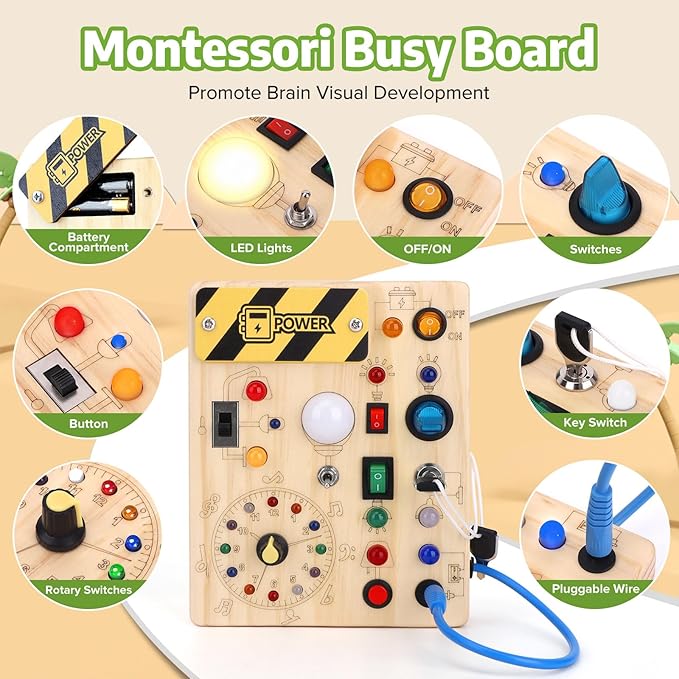 Grarain Toddler Toys Clock Busy Board with Led Light, Preschool Learning Activities Sensory Toys for Toddlers,Montessoti Toys for 1 2 3 Year Old