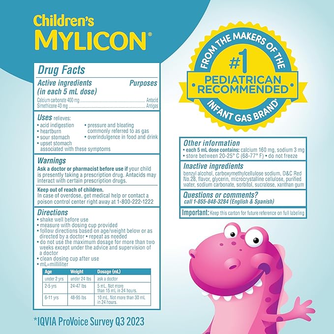 MYLICON Children's All-in-One Tummy Relief Liquid for Indigestion for Kids, Bubble Gum Flavor, 8oz