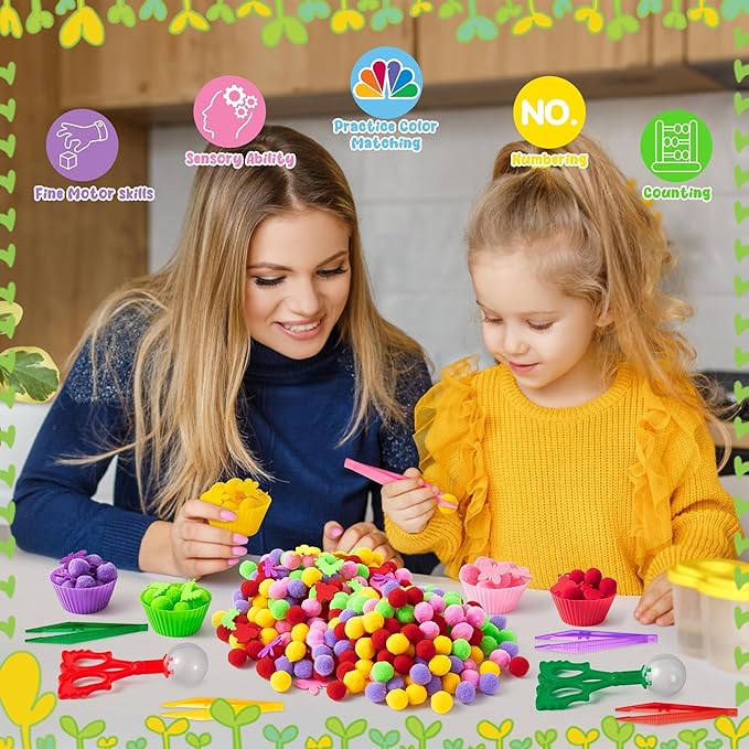 EZdhuawuse Spring Insects Sensory Bin Fillers Toys - Spring Easter Gift 268 Color Counting Sorting Fine Motor Toys Set for Kids, Felt Dragonfly Butterfly Pom Poms Cups Clips for Preschool Education