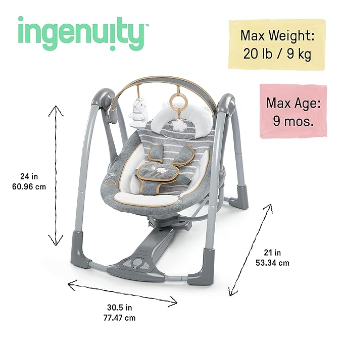 Ingenuity Swing 'n Go Deluxe 5-Speed Baby Swing with Cushioned Harness - Foldable, Portable, 2 Plush Toys & Sounds, 0-9 Months 6-20 lbs (Bella Teddy)