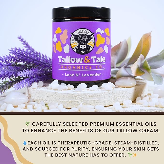 Tallow And Tale Grass-Fed & Finished Organic Tallow Cream | Face & Body Moisturizer | For Sensitive, Dry & Irritated Skin (4 OZ, Lost N' Lavender)