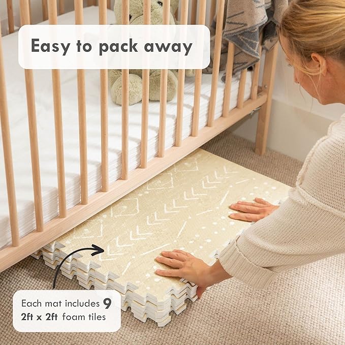 Lillefolk Baby Play Mat for Floor – 6x6ft Beige | Soft Non Toxic Premium EVA Foam Tiles for Tummy Time, Crawling & Playroom – Waterproof for Hard Floors Mat for Babies & Toddlers (9 Tiles)