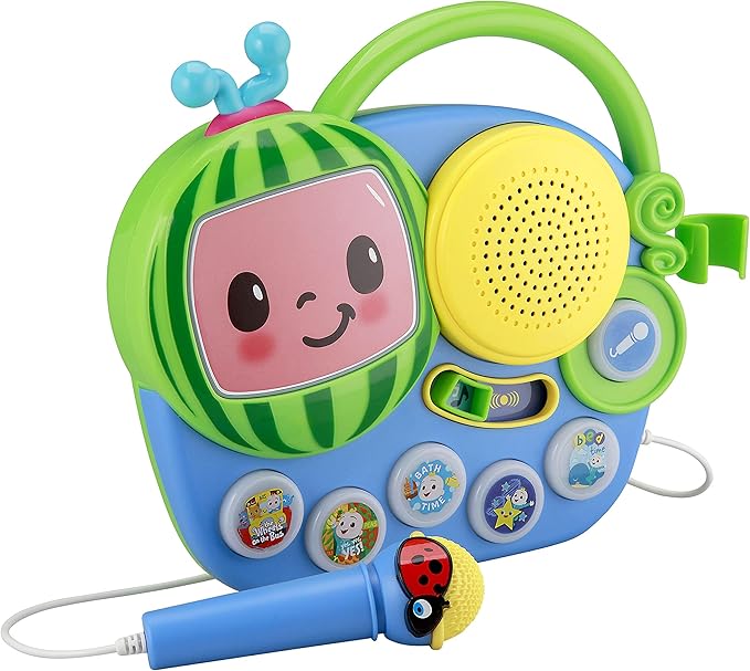 EKids Cocomelon Toy Singalong Boombox with Microphone for Toddlers and Young Children, Built-in Music and Flashing Lights, for Fans of Cocomelon Toys and Gifts