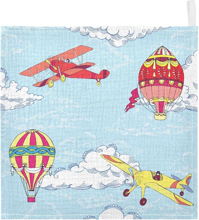 vvfelixl Hot Air Balloons Airplanes Baby Burp Cloths Baby Muslin Washcloths for Boys Girls Cotton Baby Face Towel for Newborn Infants Soft and Absorbent 11.8 X 11.8 in, 5 Pack