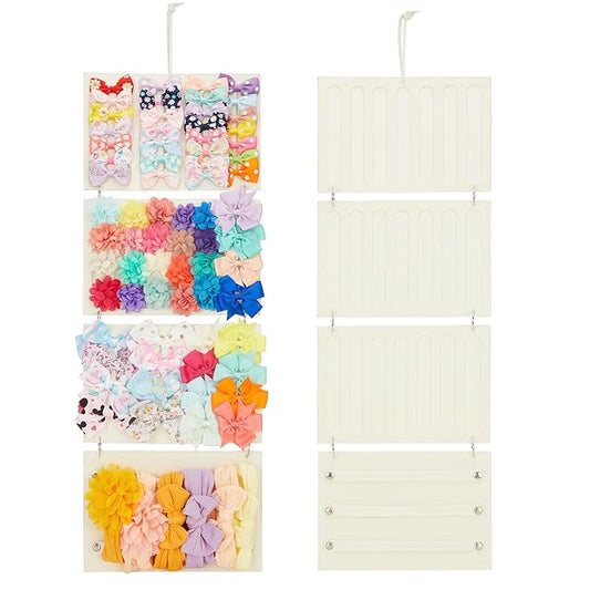 Bow Organizer for Baby Girls, Hanging Hair Bow Holder Organizer, Hair Accessories Storage for Hair Clips, Hair Bows, Headbands, Hair Claws and More(4-Panel, Beige)