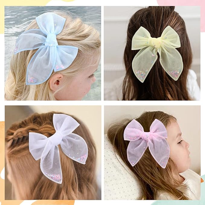 6 PCS Tulle Hair Bows for Girls, CN Toddler Bows with Glitter Star Alligator, Colorful Hair Barrettes Wedding Hair Grips Accessories for Baby Girls Infants Toddler Teens Party (Type A)