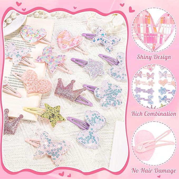 obeoby 24 Pack Toddler Hair Clips for Girls, Star Heart Butterfly Shaped Hair Barrettes Metal Snap Hair Clips Hair Accessories for Baby Girls Holiday Birthday Gifts
