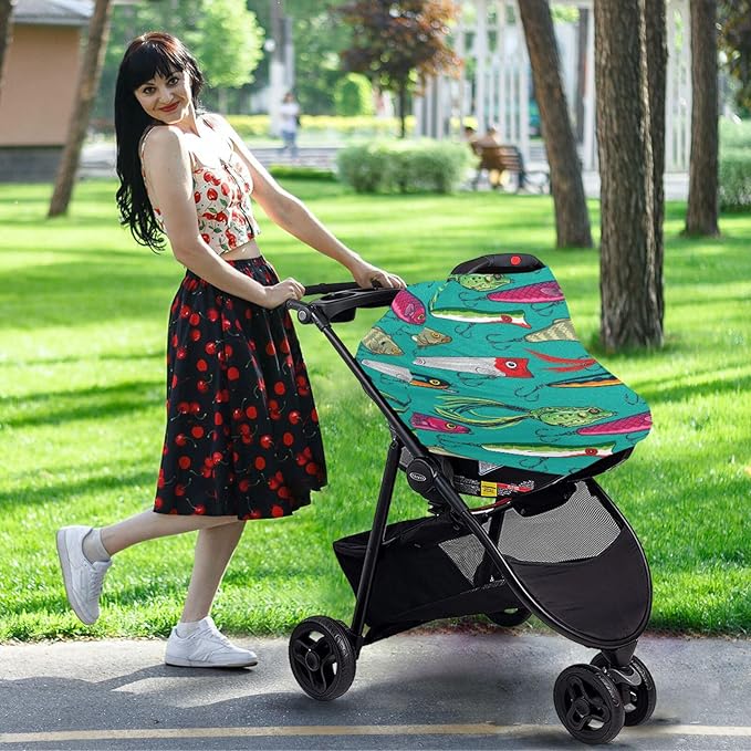 Colorful Fishing Lures Baby Car Seat Covers Colorful Fish Carseat Canopy Soft Infant Stroller Cover Nursing Breastfeeding Covers for Girls Boys Newborn Fit Summer Spring Autumn