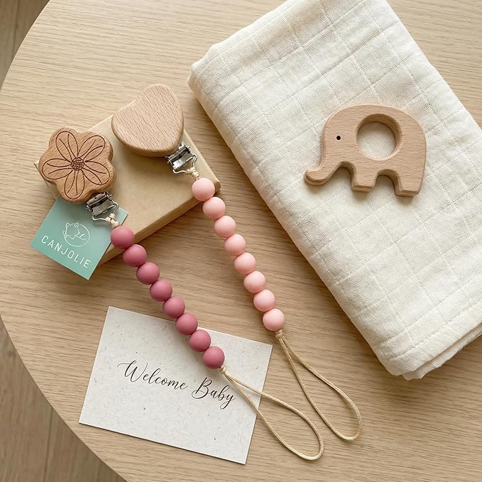 Wood Paci Clips 2 Pack for Baby Girl, Premium Flexible Bead Design, Universal Fit, Safe Pacifier Holder