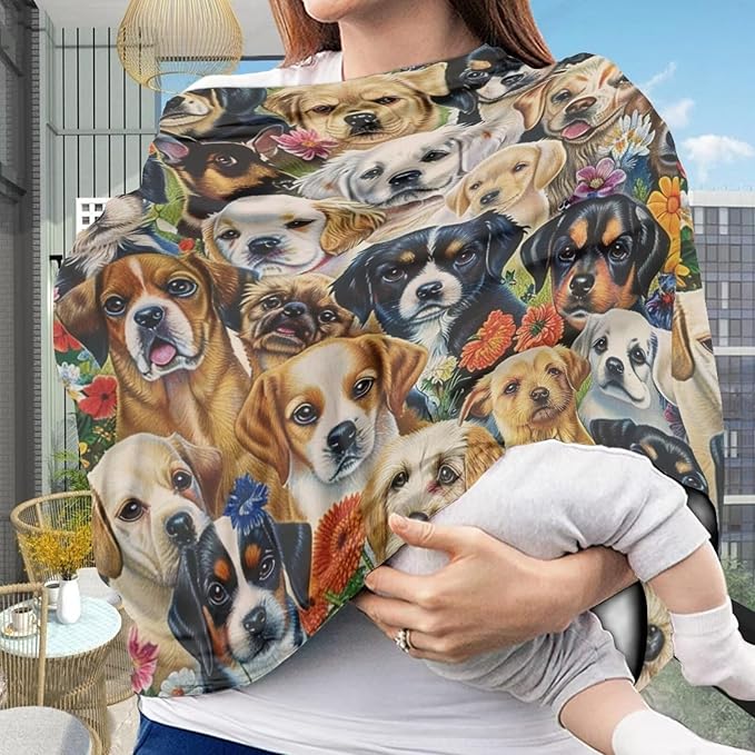 Youngerbaby Dog Baby Car Seat Covers Nursing Cover Breastfeeding Soft Infant Carseat Canopy,Stretchy Breathable Cover for Stroller High Chair Shopping Cart Canopies