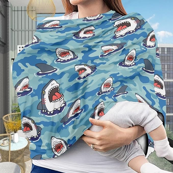 AFPANQZ Shark Soft Baby Car Seat Canopy Nursing Cover Breastfeeding Scarf Shopping Cart Covers Stroller Sunshade High Chair Cover Car Seat Covers for Girls and Boys