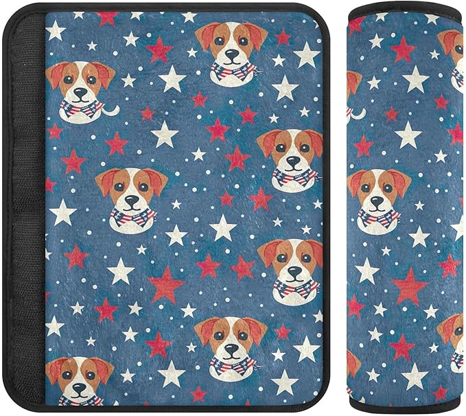 CHIFIGNO Happy 4th of July Cartoon Dog and Stars Seat Belt Covers 2 Pack Comfortable Seatbelt Cushion Shoulder Strap Pad for Car Bag