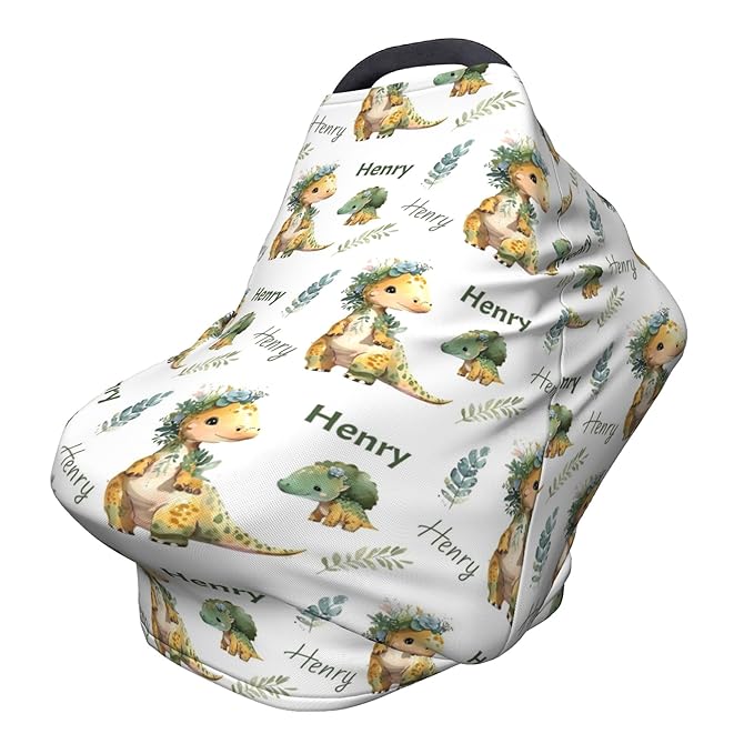 Personalized Dinosaur Baby Car Seat Cover with Name,Multi-Use Canopy for Nursing, Strollers,Shopping Carts,Customized Breastfeeding Cover, Full Privacy,Infant Stroller Cover