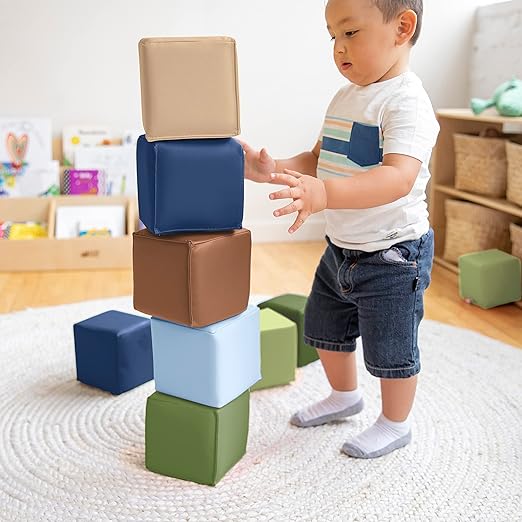ECR4Kids SoftZone Patchwork Toddler Blocks, Foam Cubes, Earthtone, 12-Piece