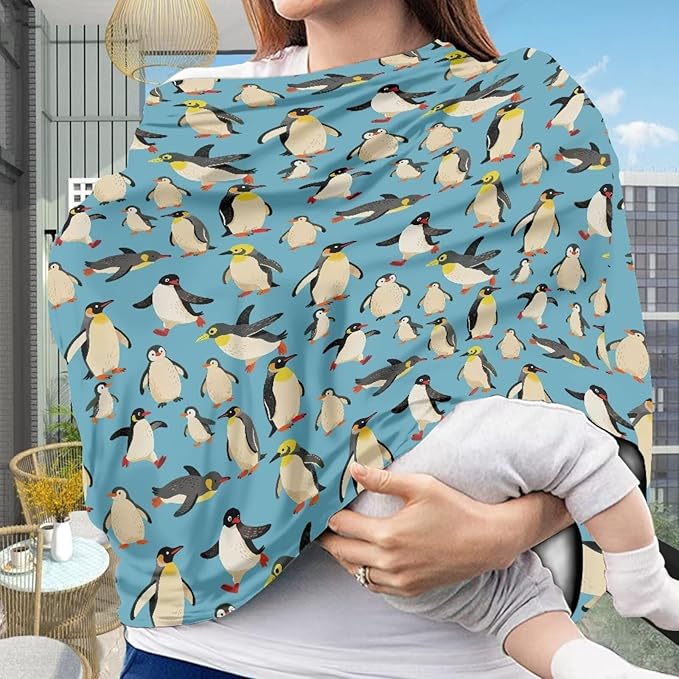 Binienty Funny Penguin Pattern Nursing and Stroller Cover for Sun Protection, Baby Girls Boys Stretchy Multi-Use Breastfeeding Scarf for Moms, Newborn Essentials