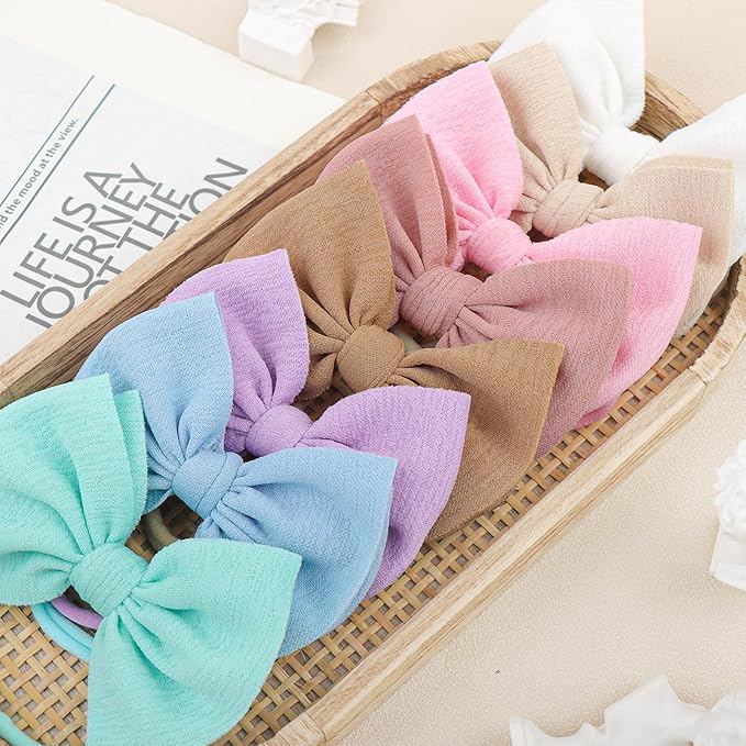 8PCS Baby Girl Headbands with Bows Slub Fabric Macaron Hair Bow Stretchy Hair Bands for Newborn Infant Toddler Little Girls Hair Accessories