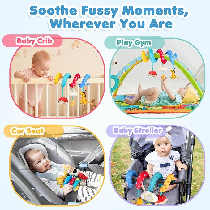 URMYWO Spiral Car Seat Toys for Babies 0-6 Months, Hanging Toy Fits Stroller, Sensory Baby Toy with Bell Crinkle Mirror, Newborn Shower Gifts for Baby Boys and Girls Essentials Stuff