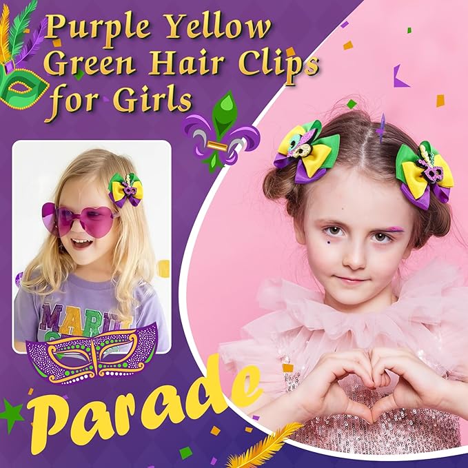 CN 4 PCS Mardi Gras Hair Bows for Girls, Purple Yellow Green Hair Clips Glitter Grosgrain Ribbon Bows with Alligator Clips,Mardi Gras Hair Accessories with Mask for Toddler Kids Teens Parade