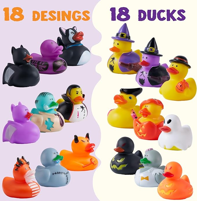 JOYIN 18 PCS Halloween Rubber Ducks, Halloween Ducks for Halloween Goodie Bag Fillers, Rubber Duckies Baby Bath Toys for Halloween Party Favors Decorations, School Classroom Game Prizes