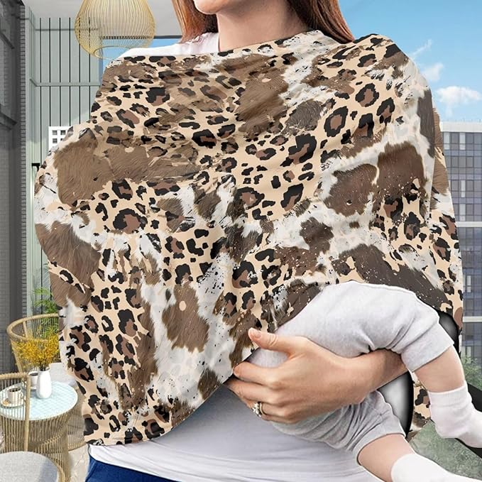 Binienty Leopard & Cow Print Nursing Cover Breastfeeding, Vintage Cozy Car Seat Covers for Baby Stroller Canopy Stretch Scarf for All-Season Use