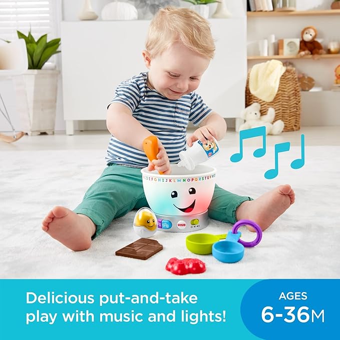 Bundle of Fisher-Price Laugh & Learn Baby Magic Color Mixing Bowl with Pretend Food Music & Lights + Counting & Colors Smoothie Maker Pretend Blender with Music & Lights for Ages 9+ Months