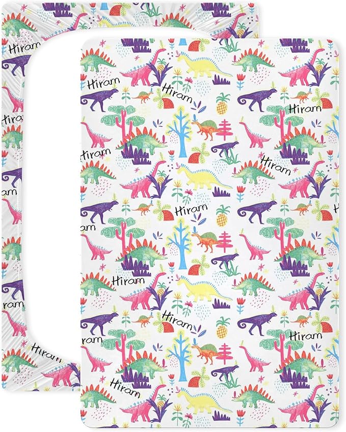 Personalized Dinosaur Mini Crib Fitted Sheet for Baby Boys, Custom Pack and Play Sheets with Name, Customized Name Multiuse Sheets for Pack & Play, Playard, Playpen, Mini Crib Mattress