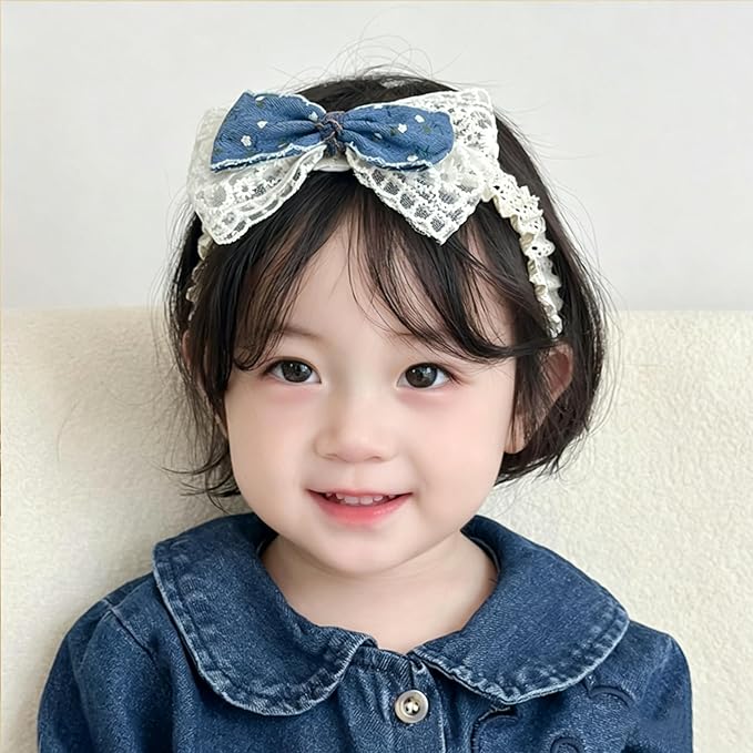 Baby Girls Hairbands Bow Lace Headband Handmade Soft Stretchy Pink Bowknot Hairbands Newborn Hairband with Bows Elastic Hair Bands for Kids Infant(Blue Denim Bow