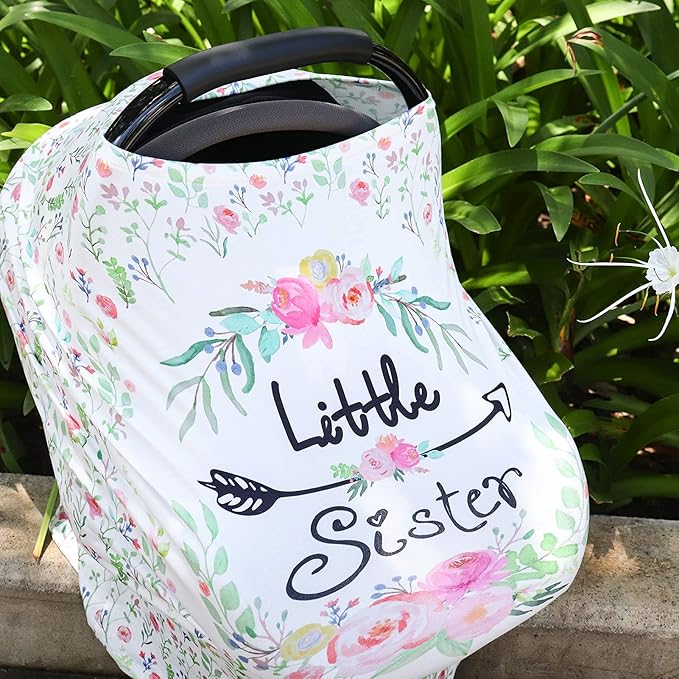 Baby Car Seat Covers Girls, Little Sister Car Seat Canopy for Infant, Multiuse Nursing Covers, Floral Theme Newborn Carrier Cover Summer, Breastfeeding Scarf, Ultra-Soft Breathable
