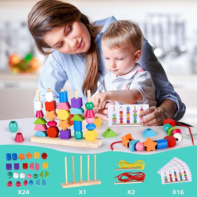 Montessori Bead Sequencing Toy Set, Wooden Stacking Blocks & Lacing Beads & Matching Shape Colors Stacker, Montessori Toys for 2 3 4 5 Year Old, Toddlers Preschool Learning Fine Motor Skills Toys