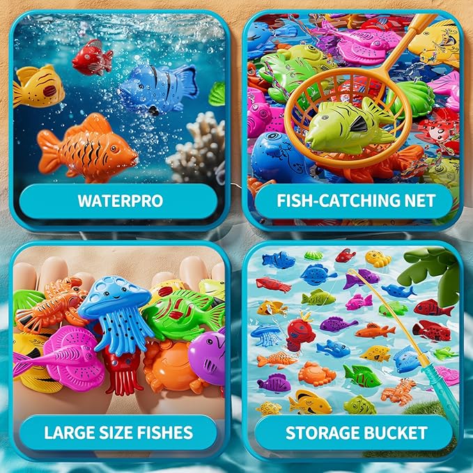 Magnet Fishing Game for Kids 3-5 4-8 - Fish Toys for Kids 3-5, Bathtub Floating Toy Fishing Pole and Rod Net, Bath Pool Outdoor Gifts for Toddlers Baby Age 3 4 5 6 7 8 Year Old