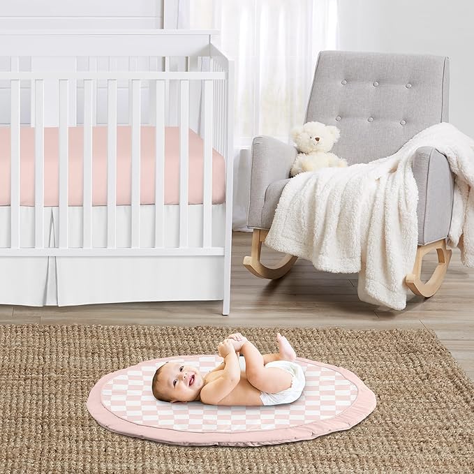 Sweet Jojo Designs Baby Play Mat (Pink Gingham Checkered Plaid) for Girls, Infant, Toddler Tummy Time Activity Floor Playmat (Vintage, Classic, Checkerboard, Geometric, Minimalist, Retro, Blush)