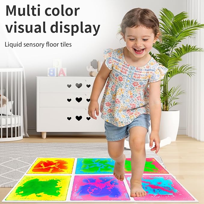 Liquid Sensory Floor Tiles for Kids: 12x12 Inch Active Play Mats for Kids Non-Toxic Leakproof - Non-Slip 6 Color-Changing Pads Stress Relief & Motor Skills Toys
