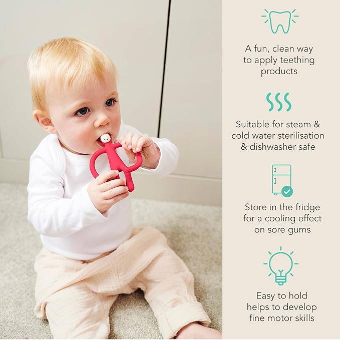 Matchstick Monkey Original Teether & Gel Applicator – Silicone Baby Teether, Easy-to-Grip, BPA-Free, Supports Self-Soothing & Early Brushing, 3 Months+, 4 Inches, Rubine Red