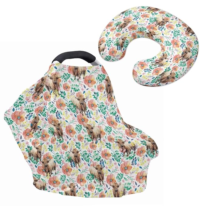 Highland Cow Baby Car Seat Canopy Nursing Cover with Pillowcase for Breastfeeding Multi-use Infant Carrier Car Seat Protectors for Newborn Girls Boys