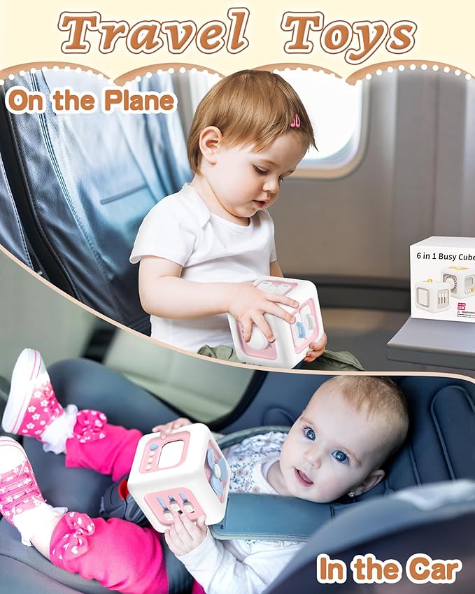 Kidific 6 in 1 Busy Cube Montessori Toys for 1 Year Old Girl, Baby Sensory Toys for Ages 1-3, Toddler Learning Activities Travel Toy Birthday Gift for 1 2 3 Year Old Girl -Pink